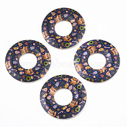 Printed Wood Pendants, Donut with Cat Pattern, Marine Blue, 45x5mm, Hole: 1.6mm(WOOD-S045-104A)