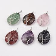 Natural & Synthetic Mixed Stone Big Pendants, teardrop, Brass Wire Wrapped Pendants, Platinum, 50~55x31x11mm, Hole: 5mm(G-G956-A-FF)