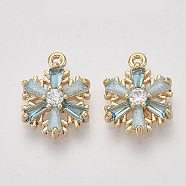 Brass Cubic Zirconia Charms, Snowflake, Pale Turquoise & Clear, Nickel Free, Real 18K Gold Plated, 13x11x3mm, Hole: 1mm(X-ZIRC-S064-019)