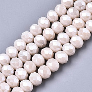Electroplate Glass Beads Strands, Pearl Luster Plated, Faceted, Rondelle, Misty Rose, 6x5mm, Hole: 1mm, about 85~88pcs/strand, 16.1~16.5 inch(41~42cm)(EGLA-A034-P6mm-A19)