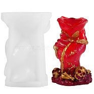 Halloween Theme DIY Candle Silicone Statue Molds, Portrait Sculpture Resin Casting Molds, For UV Resin, Epoxy Resin Jewelry Making, Hand with Rose & Skull, White, 138x94x85mm, Inner Diameter: 83x74mm(DIY-SZ0007-19)