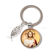 I Love Jesus Symbol Glass Pendant Keychain with Alloy Jesus Fish Charm, with Iron Findings, Half Round, Wheat, 6.2cm(KEYC-G058-01E)
