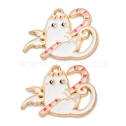 Halloween Alloy Enamel Pendants, Light Gold, Candy Cane Cat Charm, White, 19.5x26x1.5mm, Hole: 1.5mm(ENAM-Z022-02G)