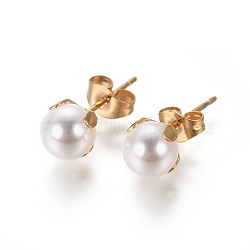 304 Stainless Steel Stud Earrings, with Imitation Pearl Acrylic Beads and Ear Nuts/Earring Back, Round, White, Golden, 18.5x6.5~7mm, Pin: 0.7mm, 12pairs/card(EJEW-I229-01G-C)