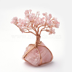 Natural Rose Quartz Chips and Rose Quartz pedestal Display Decorations, Healing Stone Tree, for Reiki Healing Crystals Chakra Balancing, with Brass Finding, Lucky Tree, Raw(Unplated), 130~160x60~110x50~70mm(G-S270-08)