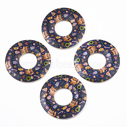 Printed Wood Pendants, Donut with Cat Pattern, Marine Blue, 45x5mm, Hole: 1.6mm(WOOD-S045-104A)