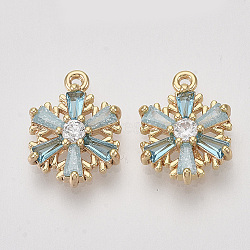 Brass Cubic Zirconia Charms, Snowflake, Pale Turquoise & Clear, Nickel Free, Real 18K Gold Plated, 13x11x3mm, Hole: 1mm(X-ZIRC-S064-019)