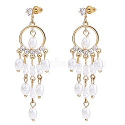 Shell Pearl Chandelier Earrings, Alloy Long Tassel Drop Earrings for Women, Golden, 70x18.5mm, Pin: 0.7mm(JE964A)