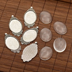 Tibetan Style Alloy Pendant Cabochon Settings, Oval with Flower and Transparent Oval Glass Cabochons, Antique Silver, Tray: 40x30mm, 63x32x2mm, Hole: 4mm, Glass Cabochons: 40x30x8mm(DIY-X0228-AS)