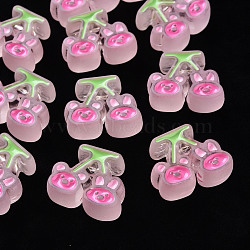 Transparent Acrylic Beads, with Enamel, Frosted, Cherry with Bear & Rabbit, Pink, 22.5x26x9mm, Hole: 3mm(MACR-S374-04B-06)