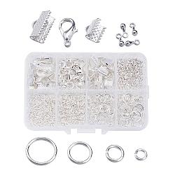 1Box Jewelry Findings 20PCS Alloy Lobster Claw Clasps, 45PCS Iron Ribbon Ends, 40g Brass Jump Rings, 10g Alloy Teardrop End Pieces, Silver Color Plated, Lobster Clasps: 14x8mm, Hole: 1.8mm, Ribbon Ends: 8~13x6~7x5mm, Hole: 2mm, Jump Rings: 4~10mm, End Piece: 7x2.5mm, Hole: 1.5mm(FIND-X0001-S-B)