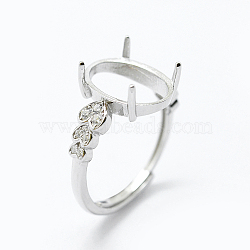 Anti-Tarnish Rhodium Plated 925 Sterling Silver Finger Ring Components, with Cubic Zirconia, Adjustable, Heart, Platinum, Size 7(17mm), 2mm wide, Tray: 10x13mm(STER-G027-04P)