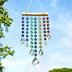 Glass Octagon Beaded Hanging Ornaments, Wood Stick & Tassel Suncatchers for Home Bedroom Hanging Decorations, Teardrop, Pendant: 305x150mm(PW23110823074)