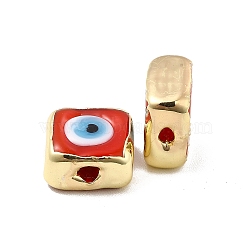 Brass Enamel Beads, Long-Lasting Plated, Real 18K Gold Plated, Square with Evil Eye Pattern, Red, 10~11x10~11x4.5~5.5mm, Hole: 1.6~1.8mm(KK-F842-02D)