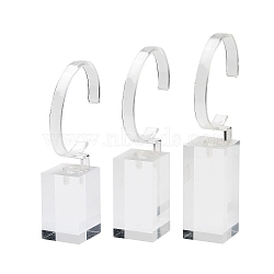 3Pcs 3 Sizes C Shaped Organic Glass Single Bracelet Display Stands Set, with Rectangle Base, Clear, 3.2~4.6x3.2~4.6x13.2~15cm, 1pc/size(BDIS-Q027-01)