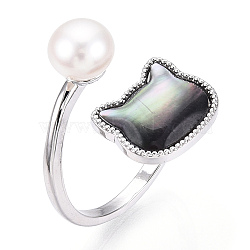 Natural Pearl Finger Open Cuff  Ring with Black Shell, Brass Finger Rings, Cat Shape, Real Platinum Plated, US Size 7 3/4(17.9mm)(PEAR-N022-C01)