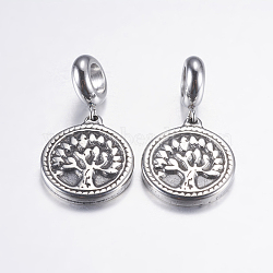 304 Stainless Steel European Dangle Charms, Flat Round with Tree of Life, Large Hole Pendants, Antique Silver, 28mm, Hole: 5mm, Pendant: 18.5x16x2mm(STAS-P183-30AS)