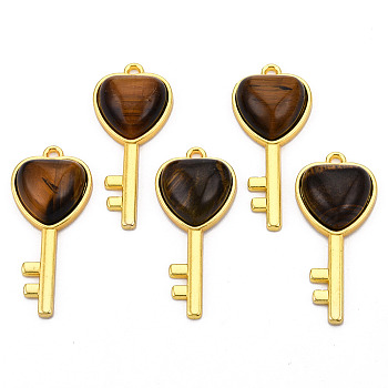 Natural Tiger Eye Gemstone Pendants, with Light Gold Plated Brass Findings, Key with Heart Charm, 38x17x6.5~7mm, Hole: 1.8mm