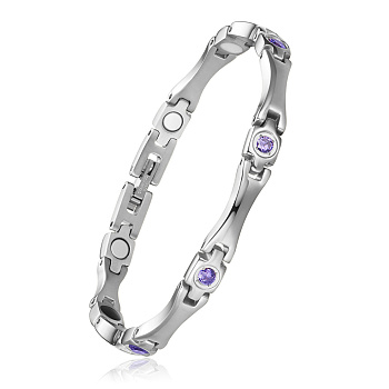 SHEGRACE Stainless Steel Panther Chain Watch Band Bracelets, with Rhinestone and Watch Band Clasps, Stainless Steel Color, Tanzanite, 7-1/2 inch(19cm)