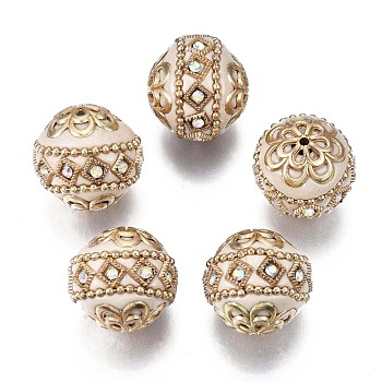 Handmade Indonesia Beads, with Metal Findings, Round, Light Gold, Antique White, 19.5x19mm, Hole: 1mm