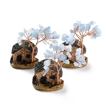Resin & Natural Aquamarine Model Ornament, House & Trees, Reiki Spiritual Energy Tree, for Desk Home Decoration, 37~52x31~33x67~70mm