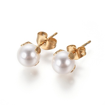304 Stainless Steel Stud Earrings, with Imitation Pearl Acrylic Beads and Ear Nuts/Earring Back, Round, White, Golden, 18.5x6.5~7mm, Pin: 0.7mm, 12pairs/card