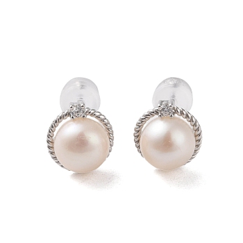 925 Sterling Silver Studs Earring, with Cubic Zirconia and Natural Pearl, Round, Platinum, 10x9mm