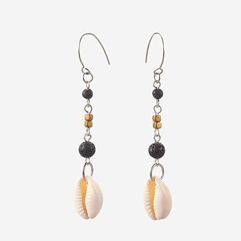 Round Natural Lava Rock Dangle Earrings, with Cowrie Shell, Electroplate Non-magnetic Hematite Beads and 304 Stainless Steel Earring Hooks, Stainless Steel Color, 74~76mm, Pin: 0.7mm