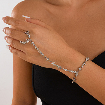 Alloy Flower & Cross Link Ring Bracelets for Women, Platinum, 6-1/4 inch(16cm)