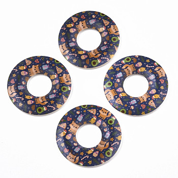 Printed Wood Pendants, Donut with Cat Pattern, Marine Blue, 45x5mm, Hole: 1.6mm