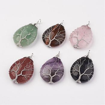 Natural & Synthetic Mixed Stone Big Pendants, teardrop, Brass Wire Wrapped Pendants, Platinum, 50~55x31x11mm, Hole: 5mm