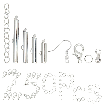 DIY Jewelry Making Kits, Including Brass Slide On End Clasp Tubes & Earring Hooks, Alloy Lobster Claw Clasps & Chain Extender Drop, Iron Ends with Twist Chains & Jump Rings, Platinum, 250pcs/box
