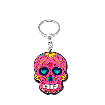 Plastic Pendant Keychain, with Iron Key Rings, Skull, Hot Pink, Pendant: 5.7x4cm