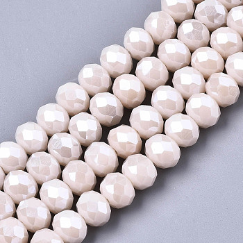 Electroplate Glass Beads Strands, Pearl Luster Plated, Faceted, Rondelle, Misty Rose, 6x5mm, Hole: 1mm, about 83~85pcs/strand, 38~39cm