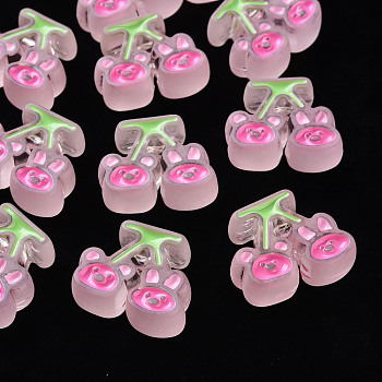 Transparent Acrylic Beads, with Enamel, Frosted, Cherry with Bear & Rabbit, Pink, 22.5x26x9mm, Hole: 3mm