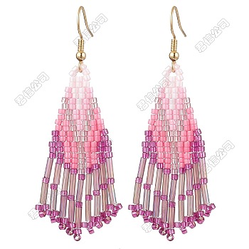 3 Pairs 304 Stainless Steel Glass Seed Beads Tassel Dangle Earrings, Golden, PeachPuff, 68x30mm