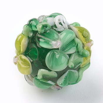 Handmade Lampwork Beads, Rondelle with Flower, Bumpy, Sea Green, 14~15x12~13mm, Hole: 1.5~1.8mm