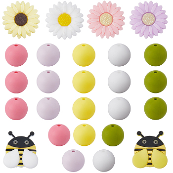 56Pcs 11 Style Food Grade Eco-Friendly Silicone Beads, Baby Chew Teething, Round & Bee & Daisy, Mixed Color, 14~30x14~28x8~15mm, Hole: 2~2.5mm