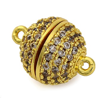 Brass Micro Pave Clear Cubic Zirconia Magnetic Clasps, with Loops, Lead Free & Cadmium Free, Round, Golden, 14x10x10mm, Hole: 1mm