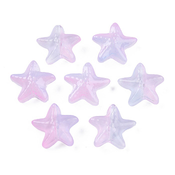 Transparent Spray Painted Glass Beads, Two Tone, Starfish, Pearl Pink, 14x15x6.5mm, Hole: 1mm