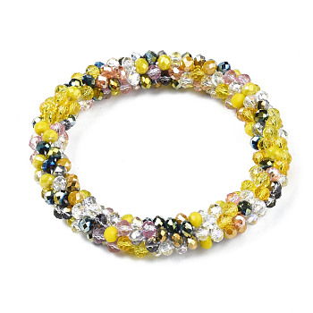 Glass Beaded Crochet Stretch Bracelet, Fashion Nepal Bracelet for Women, Yellow, Inner Diameter: 1-7/8 inch(4.7cm)