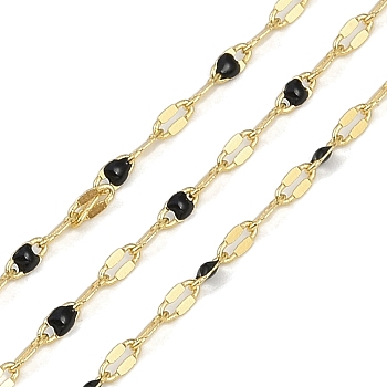 Rack Plating Brass Dapped Chains, with Enamel, with Spool, Soldered Lead Free & Cadmium Free, Real 18K Gold Plated, Black, 4x2x1mm