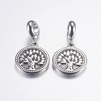304 Stainless Steel European Dangle Charms, Flat Round with Tree of Life, Large Hole Pendants, Antique Silver, 28mm, Hole: 5mm, Pendant: 18.5x16x2mm