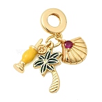 Brass Enamel European Dangle Charms, Yellow Cocktail Coconut Tree Large Hole Pendants with Cubic Zirconia, Cadmium Free & Lead Free, Long-Lasting Plated, Rack Plating, Real 18K Gold Plated, 31mm, Hole: 5mm(KK-Z150-12G)