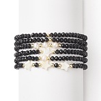 6Pcs 6 Style Natural Shell & Glass Star & Round Beaded Stretch Bracelets Set for Women, Black, Inner Diameter: 2-1/4 inch(5.8cm), 1Pc/style(BJEW-JB09945-02)