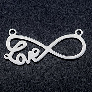 201 Stainless Steel Pendants, Infinity with Word Love, For Valentine's Day Jewelry Making, Stainless Steel Color, 13.5x29.5x1mm, Hole: 1.5mm(STAS-T046-JA364-1)