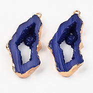 Druzy Resin Pendants, Imitation Geode Druzy Agate Slices, with Edge Light Gold Plated Iron Loops, Nuggets, Blue, 40.5~41.5x19.5x5.5mm, Hole: 1.6mm(RESI-R428-018E)