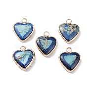 Dyed Synthetic Imperial Jasper Pendants, Brass Heart Charms, Golden, Dark Blue, 19x16x4.5~5.5mm, Hole: 2.7mm(G-P529-08G-05)