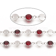 3.28 Feet Handmade Flat Round Glass Beaded Chains, with Brass Links, Long-Lasting Plated, Soldered, Dark Red , Platinum, 13x7x3mm(X-CHC-G008-04P-02)