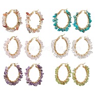 Natural Mixed Gemstone Hoop Earring, 304 Stainless Steel Wire Wrap Earrings, 33.5~35x7~8.5mm(EJEW-JE05708)